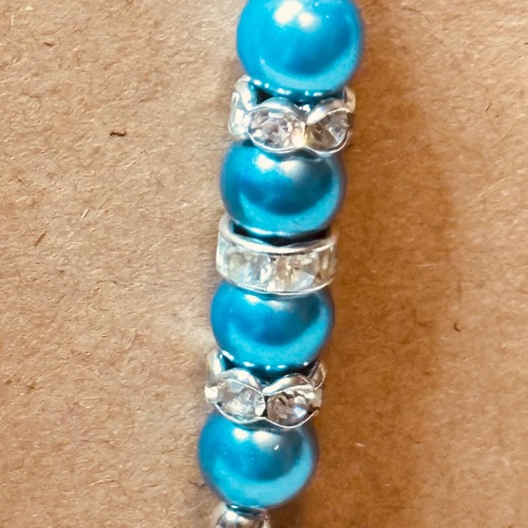 Silver Tone Dangle Earrings Blue Beads Crystal Rondelle’s w/Om Charms Hand Made - Picture 3 of 8